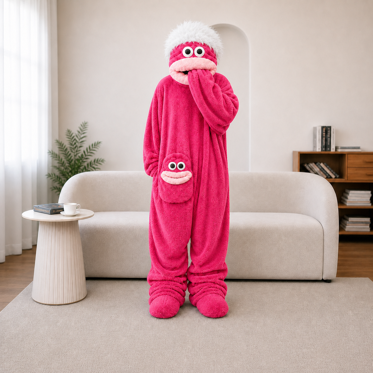 Berry Pink CozyDay Kuschelanzug in Produktionsfarbe mit weißen Haaren und hellrosa Lippen