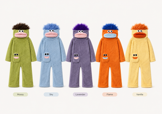 CozyDay Mini in Mossy, Sky, Lavender, Flame und Vanilla nebeneinander