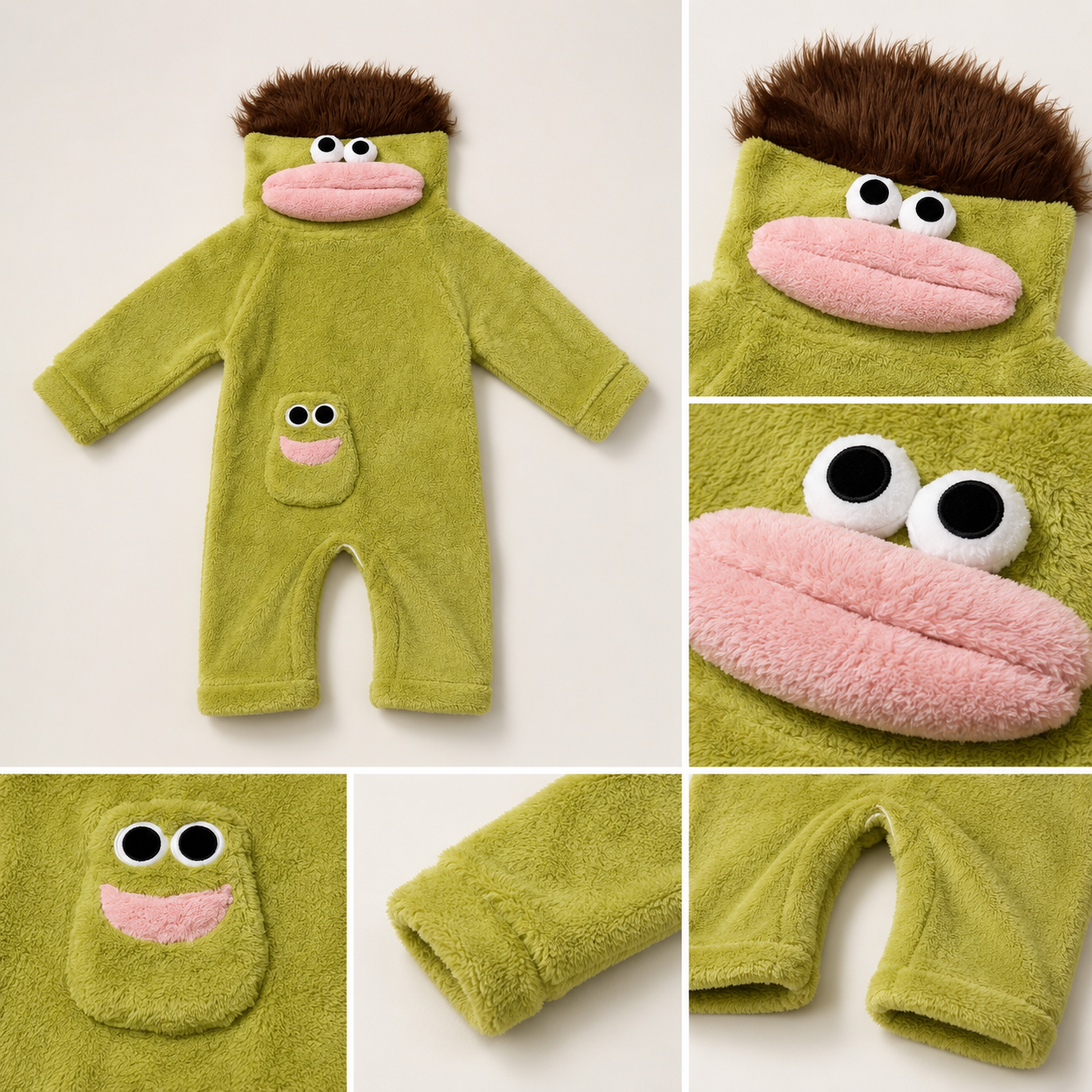 CozyDay Mini Mossy – Details von Kapuze, Augen, Lippen, Tasche, Ärmeln und Beinabschlüssen