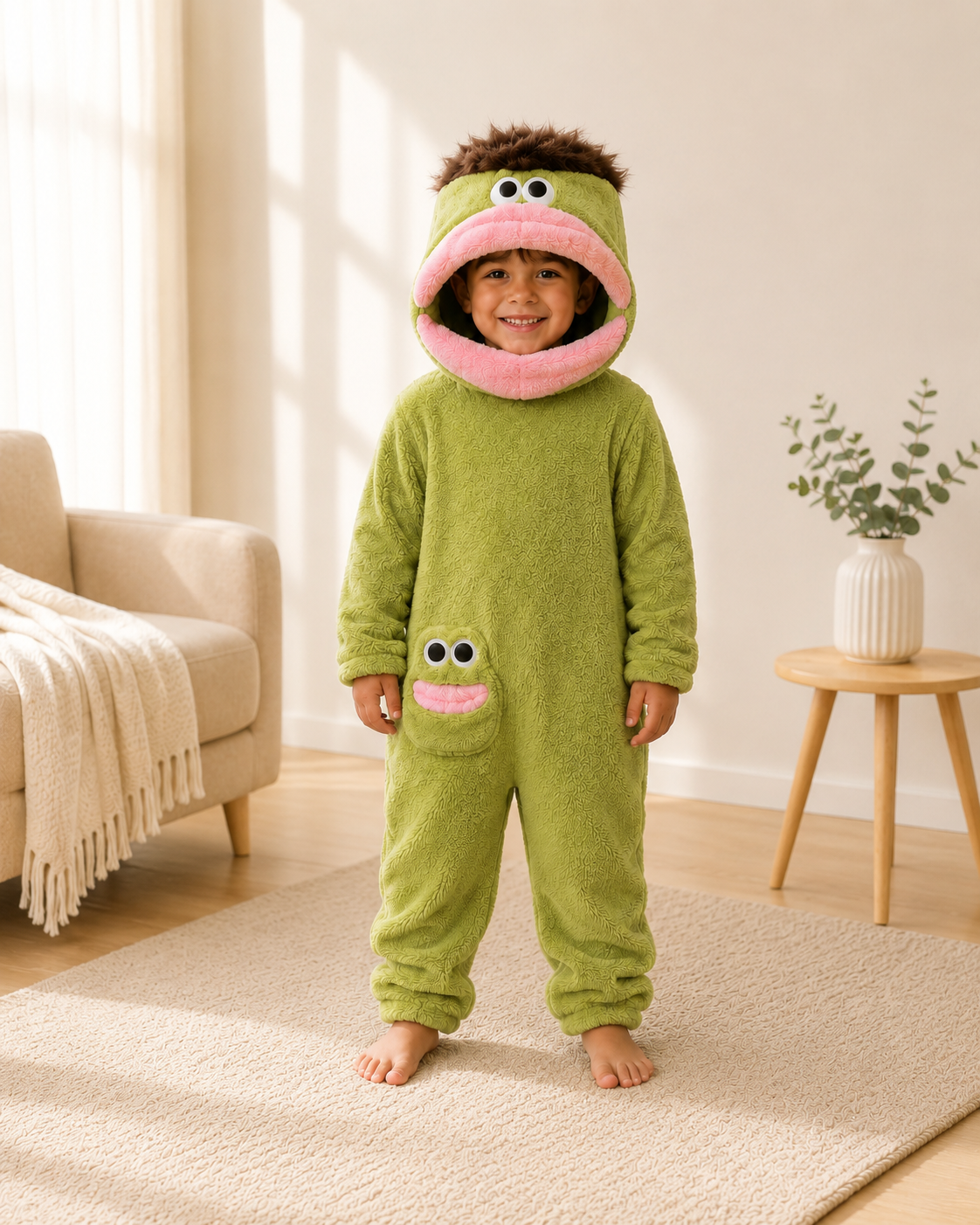 Kind im CozyDay Mini Mossy Kinder-Kuschelanzug – Ganzkörperansicht