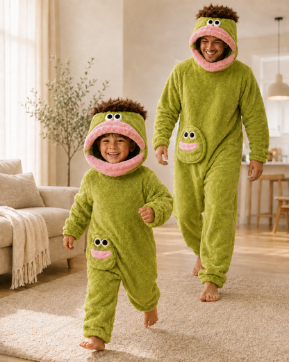 Vater und Kind im passenden CozyDay Mossy Kuschelanzug beim gemeinsamen Spielen