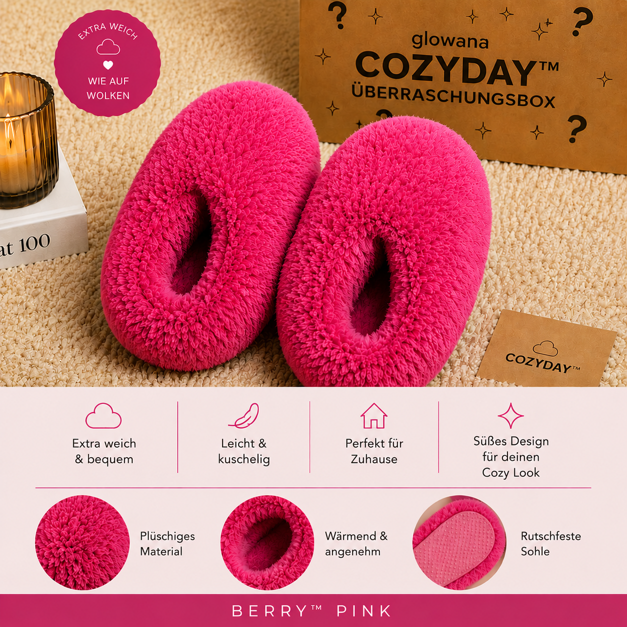Glowana CozyDay Plush Slippers in Berry Pink