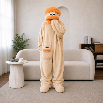 Vanilla Beige CozyDay Kuschelanzug mit orangefarbenen Haaren und Lippen